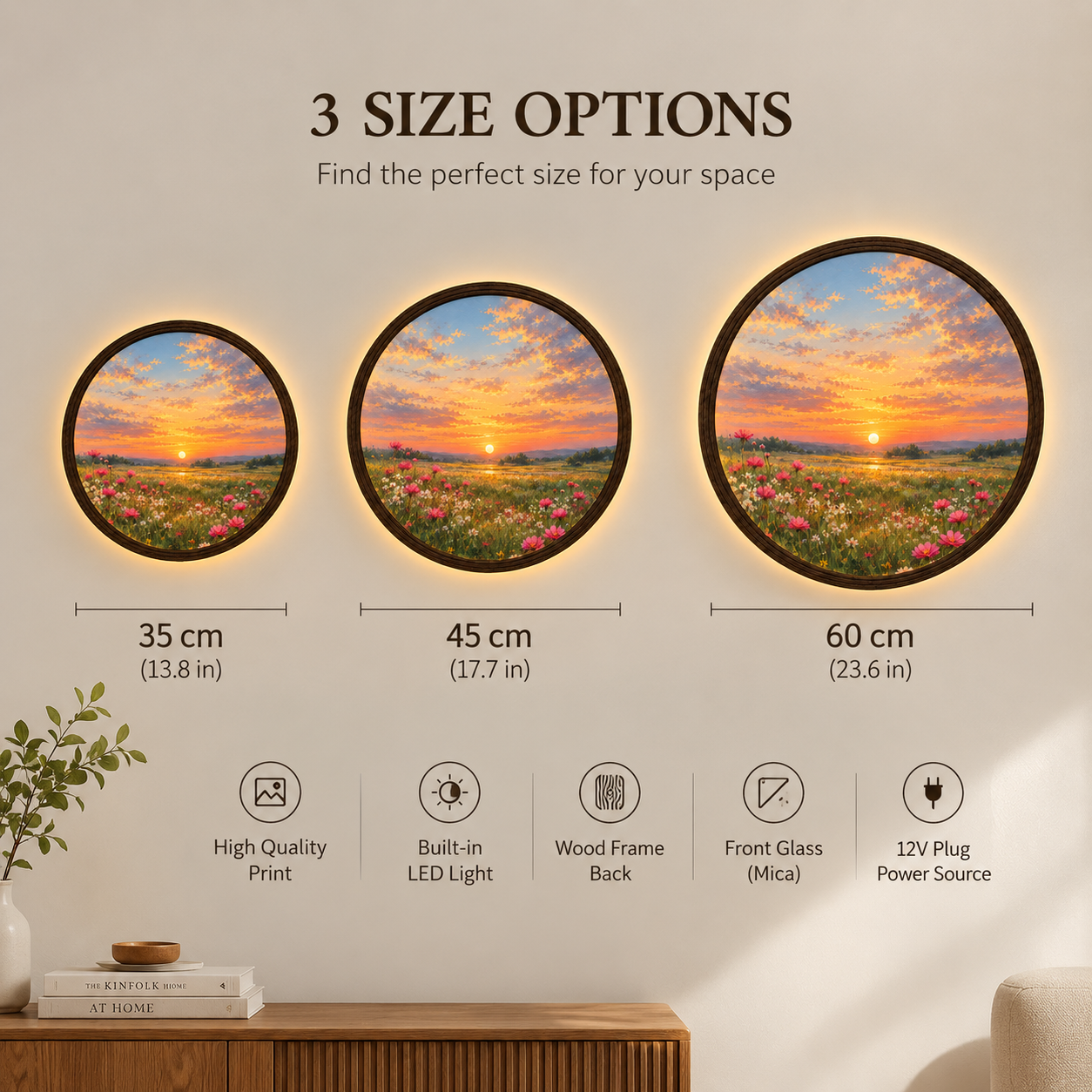 Sunset Wildflower Meadow LED Wall Art – Round Illuminated Floral Landscape Decor