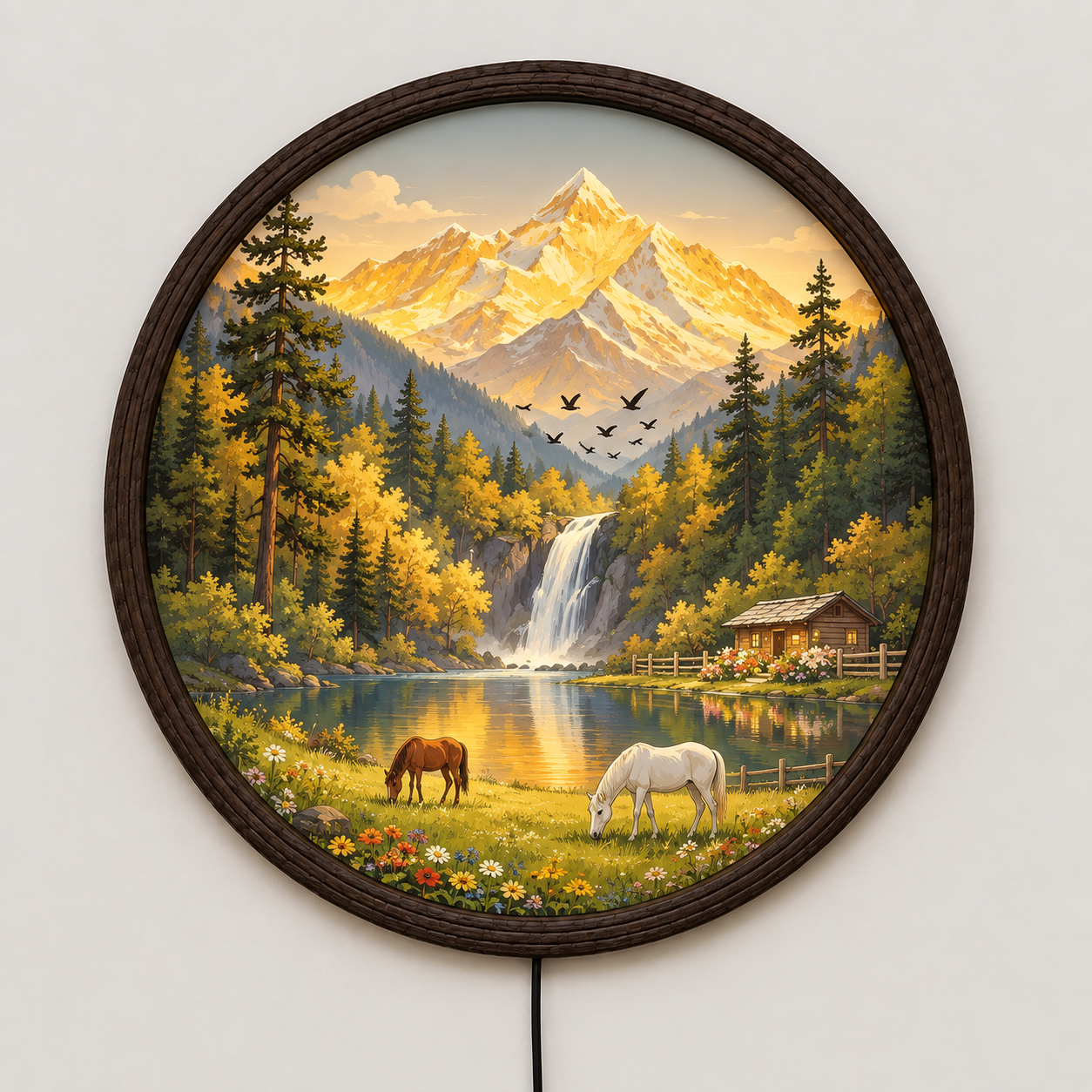 Golden Mountain Lake LED Wall Art – Rustic Cabin Landscape Round Wall Decor
