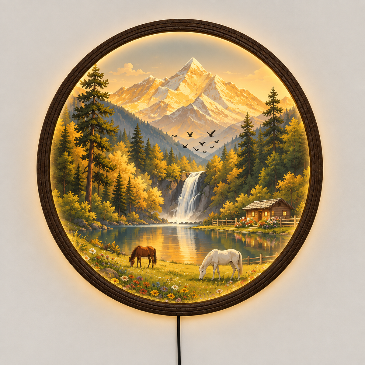 Golden Mountain Lake LED Wall Art – Rustic Cabin Landscape Round Wall Decor