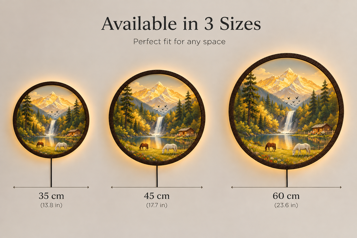 Golden Mountain Lake LED Wall Art – Rustic Cabin Landscape Round Wall Decor