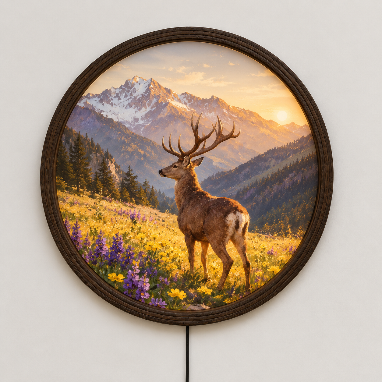 Rustic Deer Mountain LED Wall Art – Round Illuminated Wildlife Wall Decor
