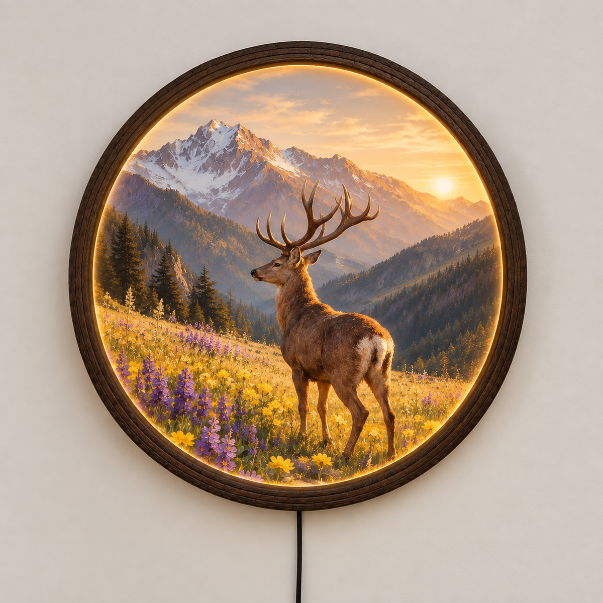Rustic Deer Mountain LED Wall Art – Round Illuminated Wildlife Wall Decor