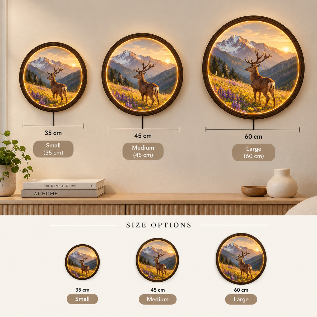 Rustic Deer Mountain LED Wall Art – Round Illuminated Wildlife Wall Decor