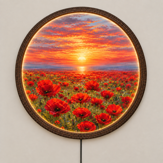 Red Poppy Sunset LED Wall Art – Round Illuminated Floral Landscape Decor