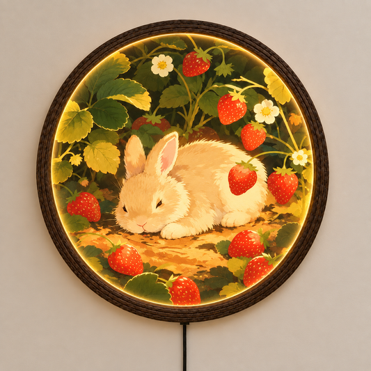 Strawberry Bunny LED Wall Art – Round Lighted Rabbit Home Decor