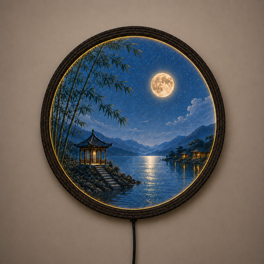 Round LED Moon Wall Art – Oriental Lake Landscape Lighted Wall Decor with Bamboo & Pavilion