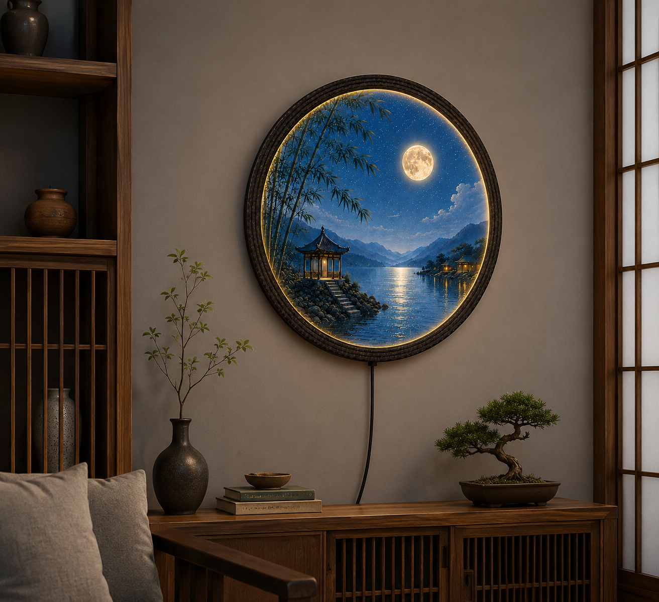 Round LED Moon Wall Art – Oriental Lake Landscape Lighted Wall Decor with Bamboo & Pavilion