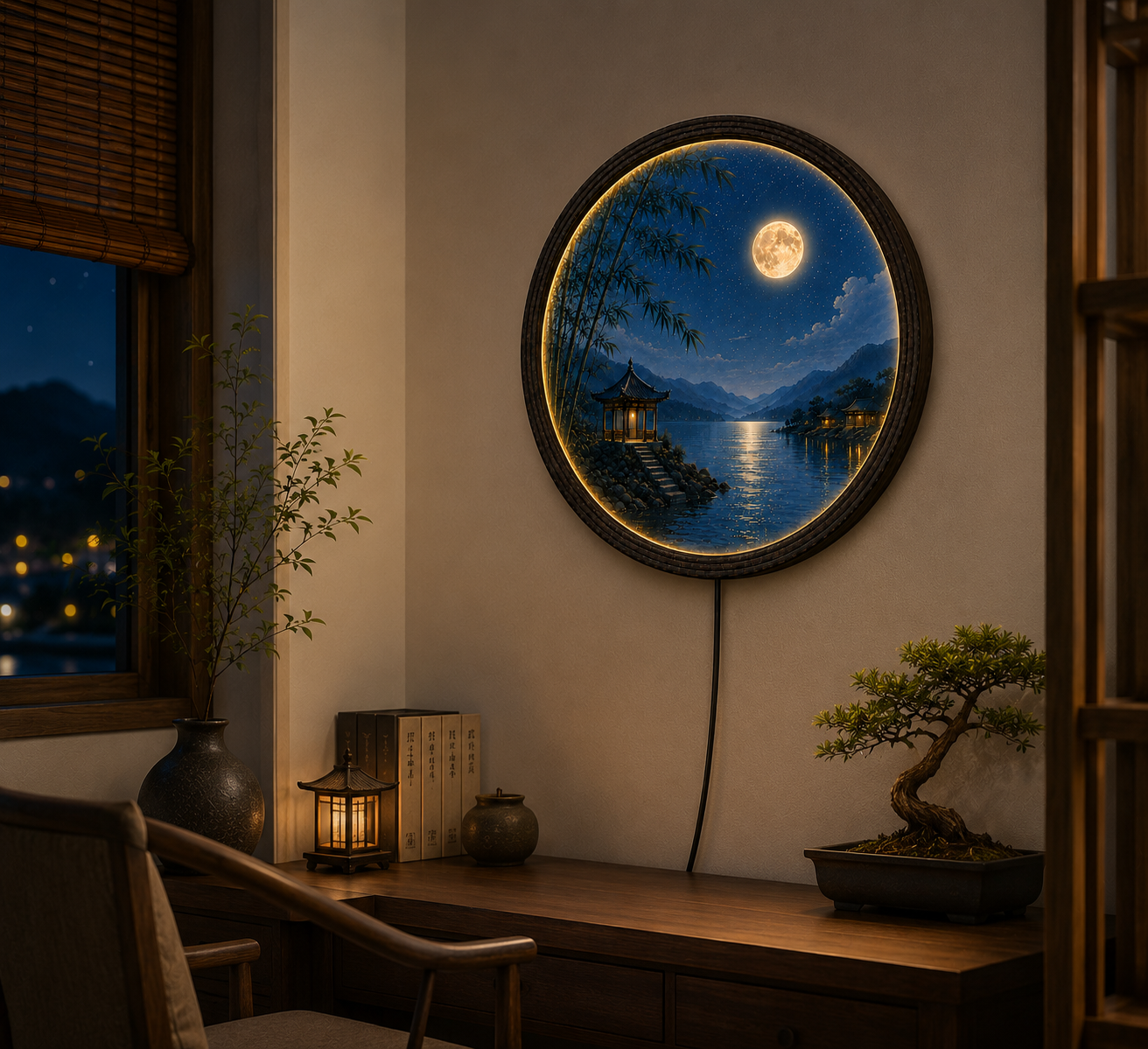Round LED Moon Wall Art – Oriental Lake Landscape Lighted Wall Decor with Bamboo & Pavilion