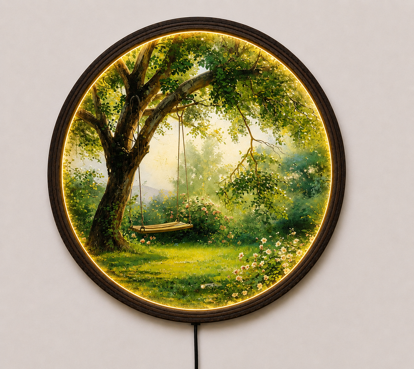 LED Tree Swing Round Wall Art – Nature Landscape Lighted Wall Decor, Modern Wooden Frame Hanging Art for Living Room & Bedroom