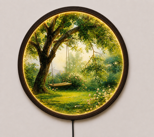 LED Tree Swing Round Wall Art – Nature Landscape Lighted Wall Decor, Modern Wooden Frame Hanging Art for Living Room & Bedroom
