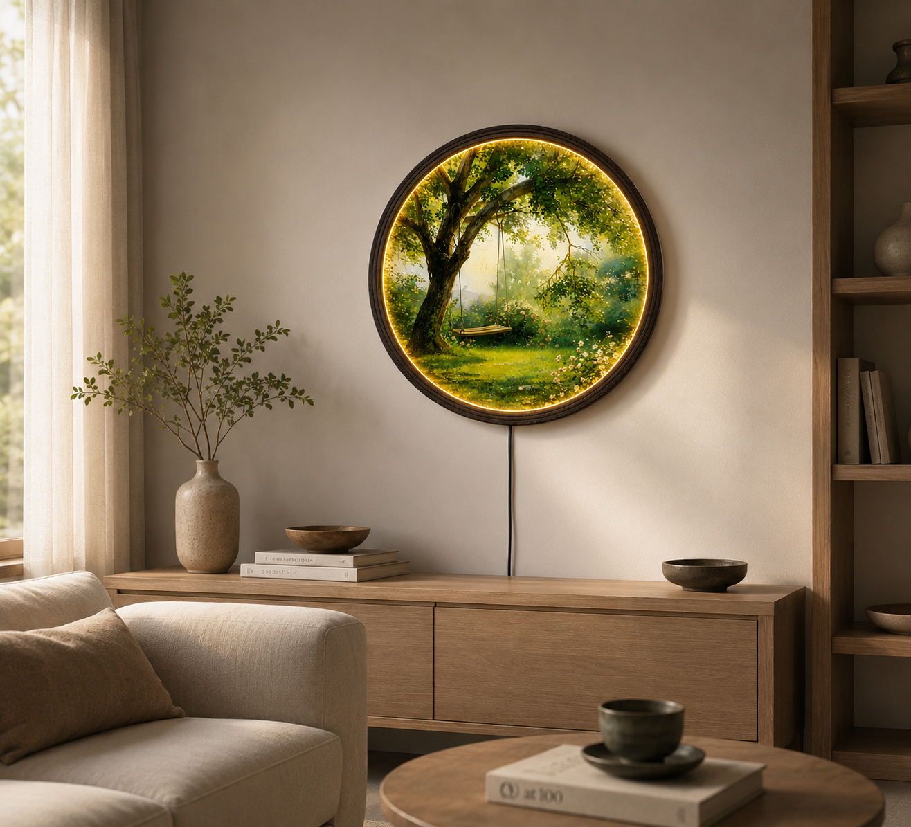 LED Tree Swing Round Wall Art – Nature Landscape Lighted Wall Decor, Modern Wooden Frame Hanging Art for Living Room & Bedroom
