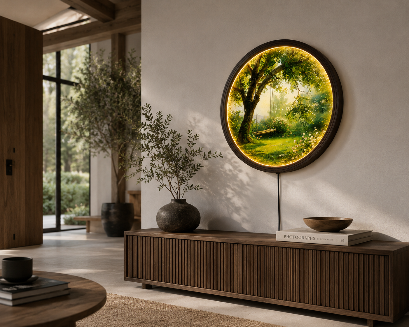 LED Tree Swing Round Wall Art – Nature Landscape Lighted Wall Decor, Modern Wooden Frame Hanging Art for Living Room & Bedroom