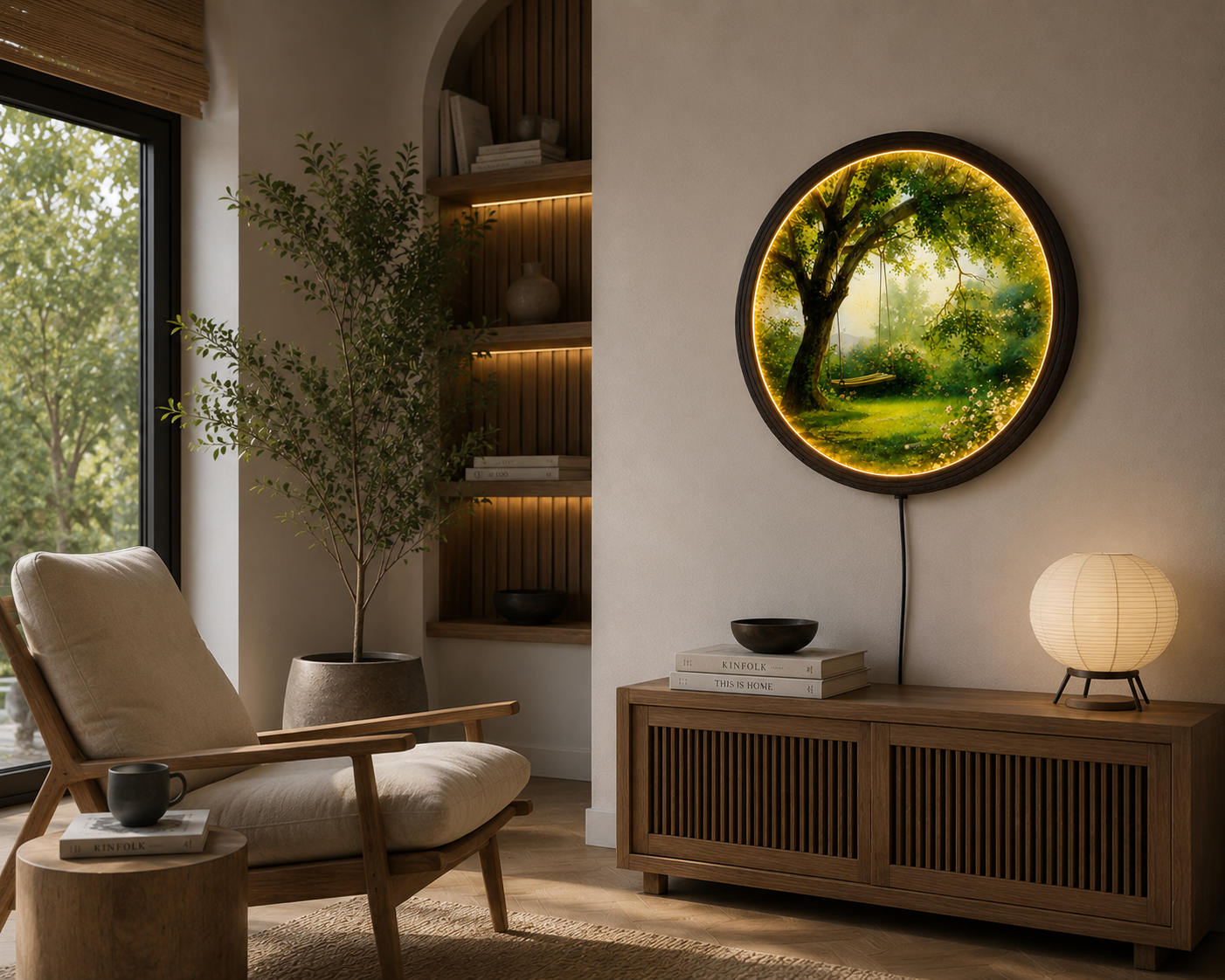 LED Tree Swing Round Wall Art – Nature Landscape Lighted Wall Decor, Modern Wooden Frame Hanging Art for Living Room & Bedroom