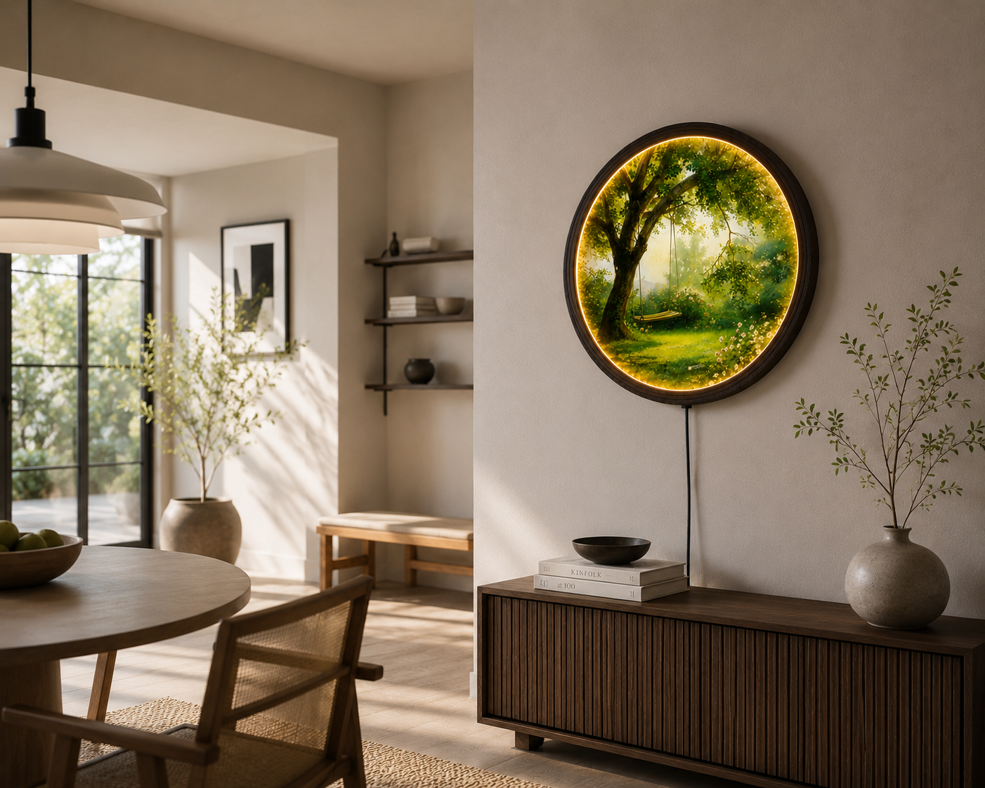 LED Tree Swing Round Wall Art – Nature Landscape Lighted Wall Decor, Modern Wooden Frame Hanging Art for Living Room & Bedroom