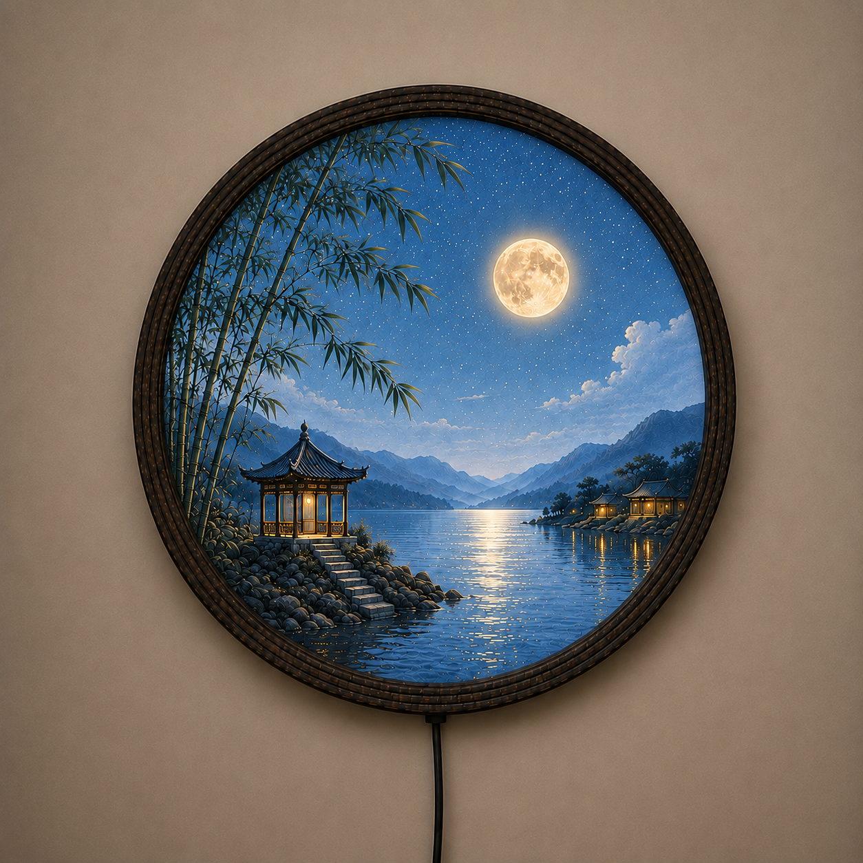 Round LED Moon Wall Art – Oriental Lake Landscape Lighted Wall Decor with Bamboo & Pavilion