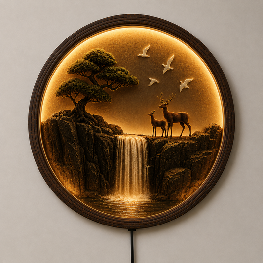 Round LED Waterfall Deer Wall Art – Nature Home Decor Lighted Wall Hanging