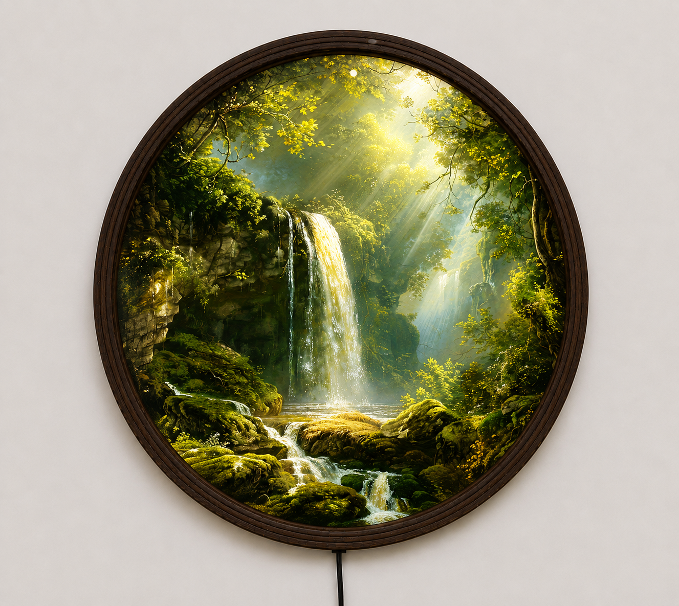 Waterfall Forest LED Wall Art – Round Nature Landscape Wall Decor with Warm LED Light – Modern Home Decor