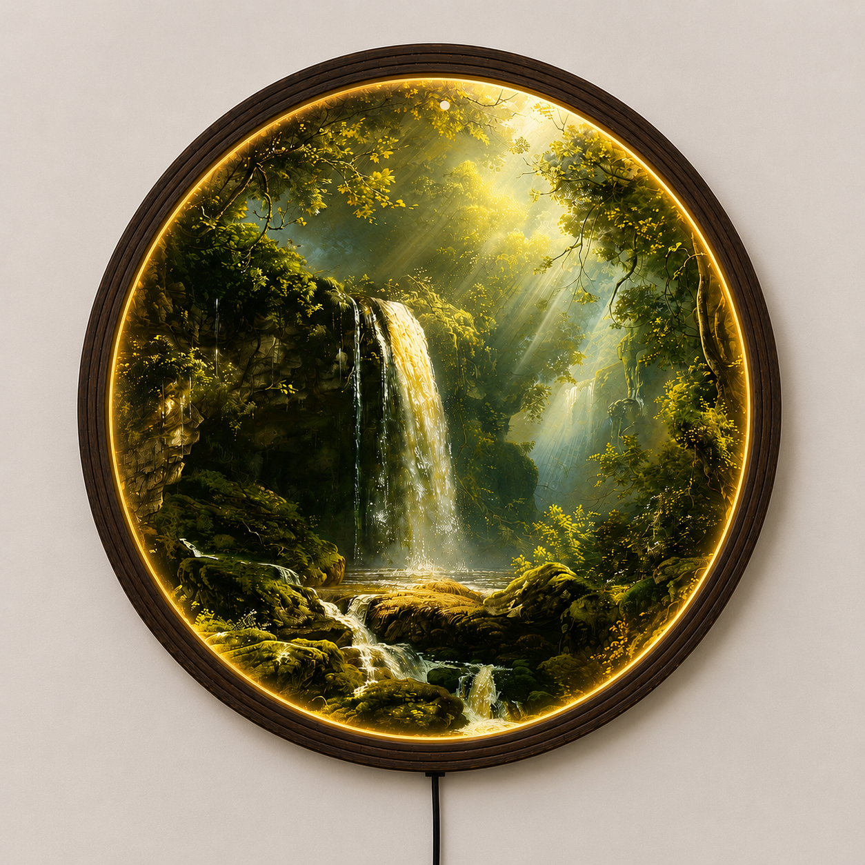 Waterfall Forest LED Wall Art – Round Nature Landscape Wall Decor with Warm LED Light – Modern Home Decor