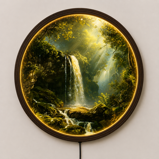 Waterfall Forest LED Wall Art – Round Nature Landscape Wall Decor with Warm LED Light – Modern Home Decor