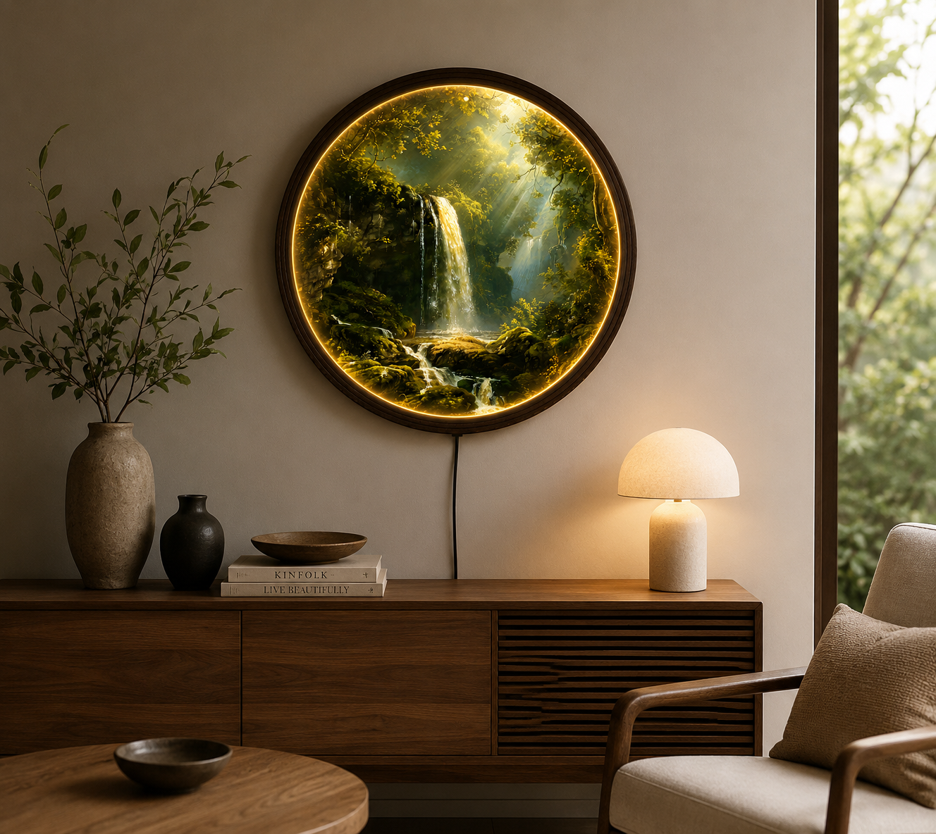 Waterfall Forest LED Wall Art – Round Nature Landscape Wall Decor with Warm LED Light – Modern Home Decor