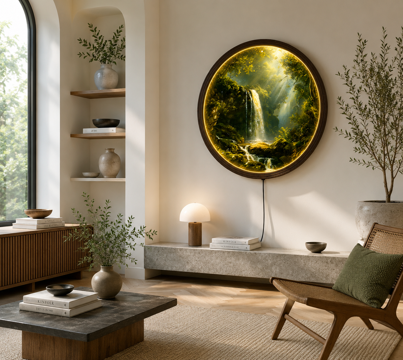 Waterfall Forest LED Wall Art – Round Nature Landscape Wall Decor with Warm LED Light – Modern Home Decor