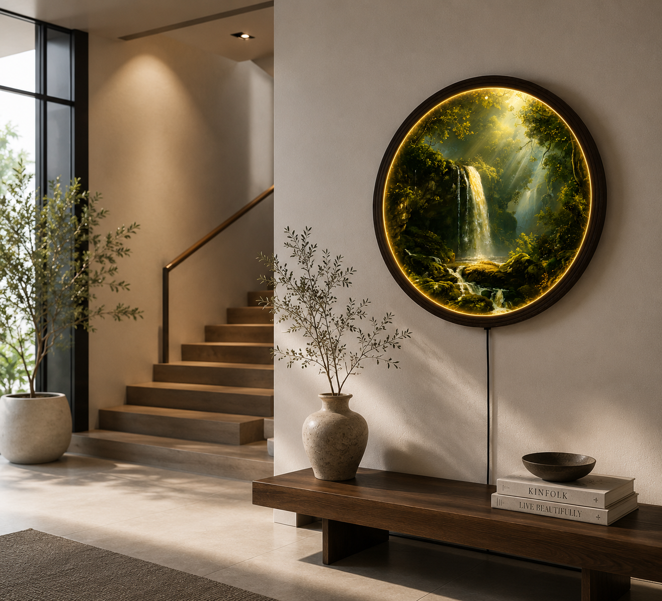 Waterfall Forest LED Wall Art – Round Nature Landscape Wall Decor with Warm LED Light – Modern Home Decor