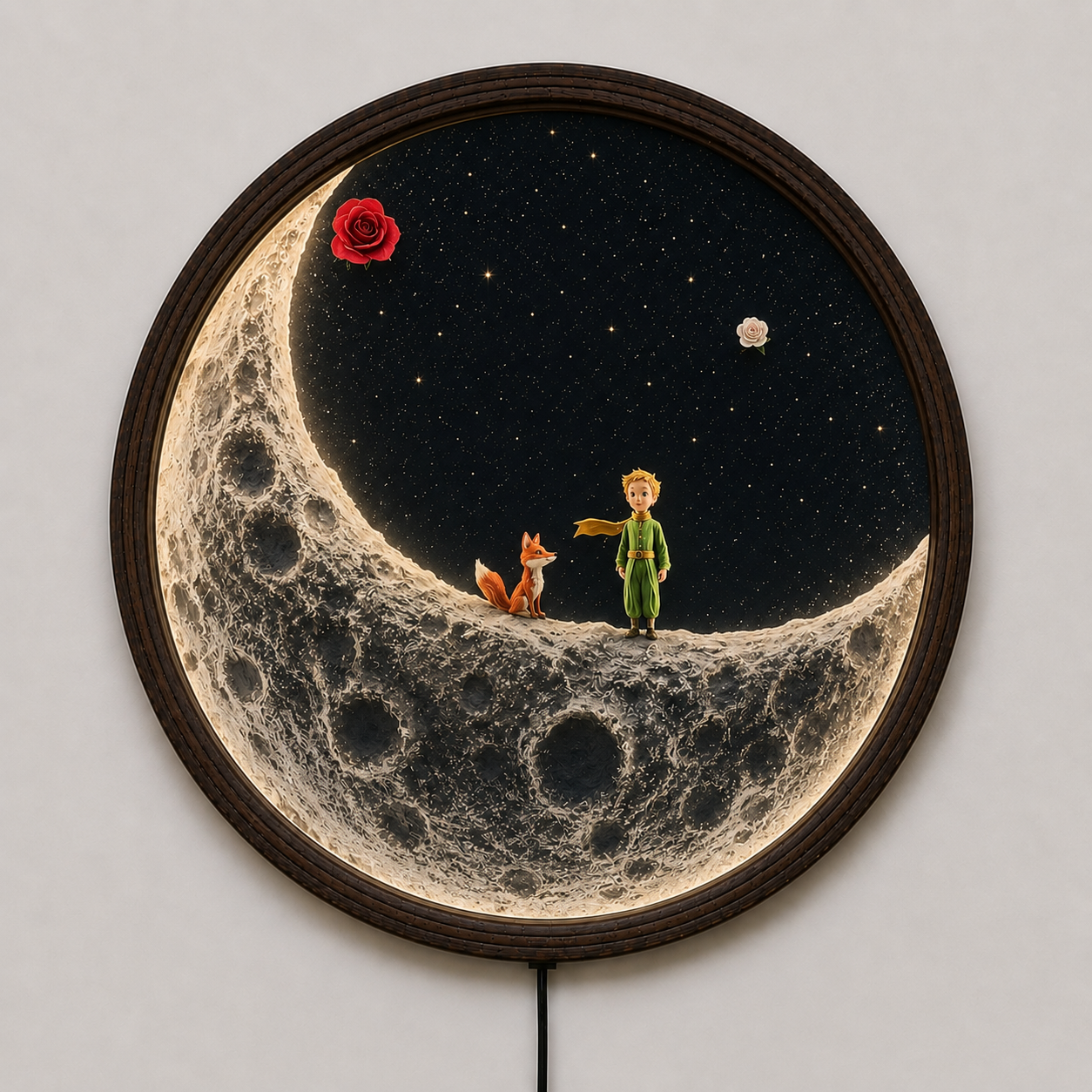 Little Prince Moon LED Wall Art – Round Wooden Frame Lighted Home Decor