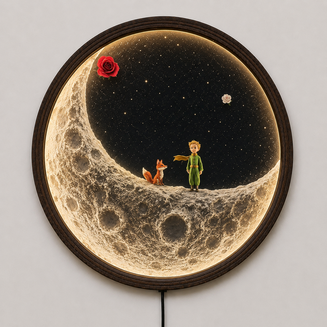 Little Prince Moon LED Wall Art – Round Wooden Frame Lighted Home Decor