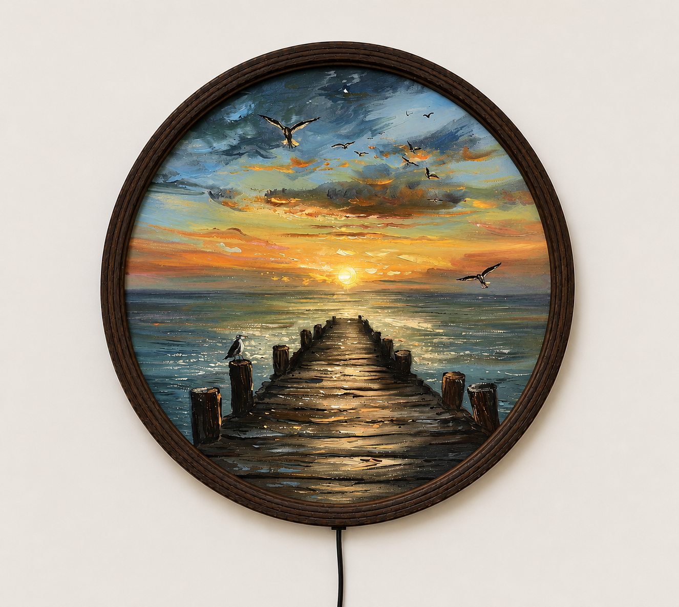 Sunset Ocean Pier LED Wall Art – Round Coastal Landscape Lighted Wall Decor with Wooden Frame for Living Room & Bedroom