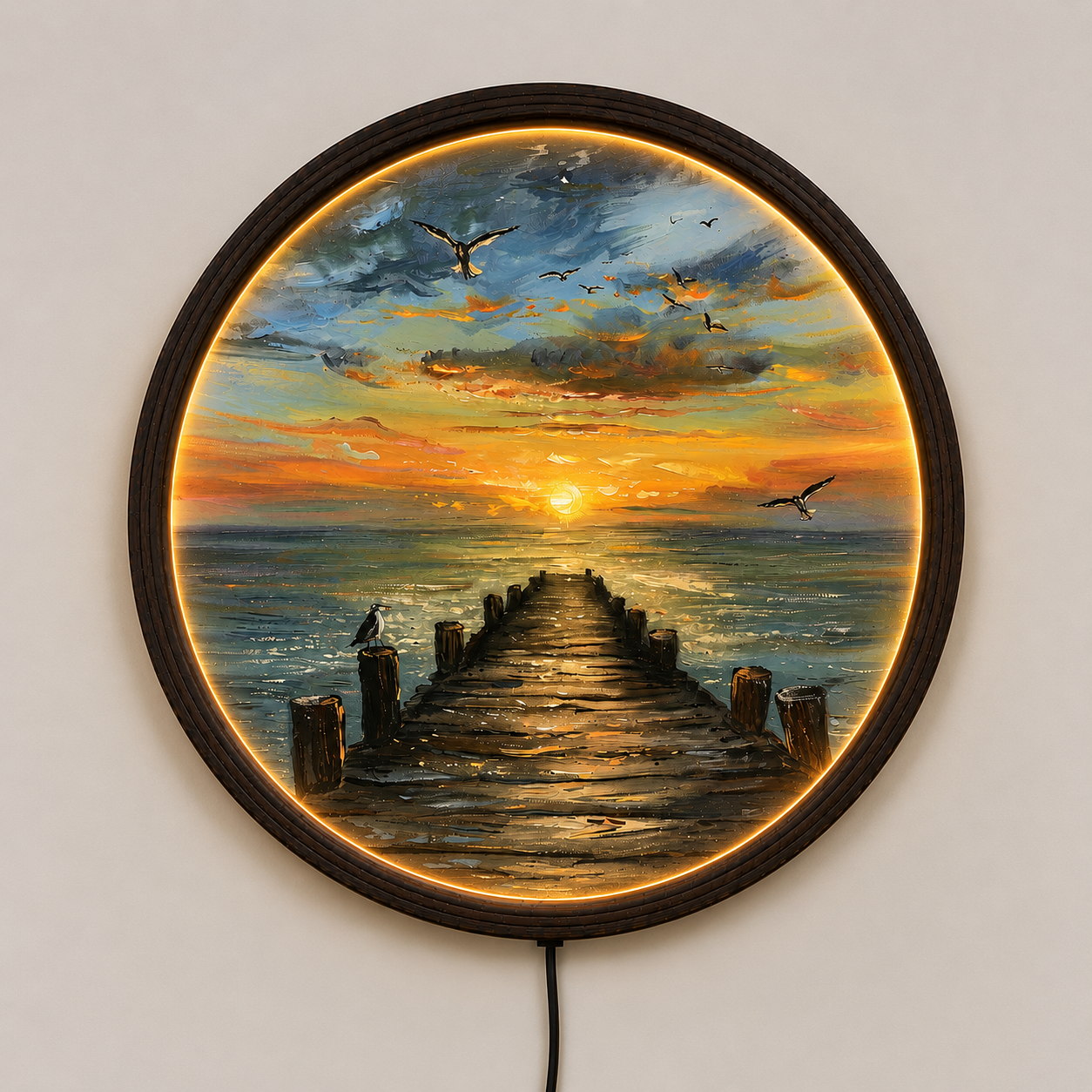 Sunset Ocean Pier LED Wall Art – Round Coastal Landscape Lighted Wall Decor with Wooden Frame for Living Room & Bedroom