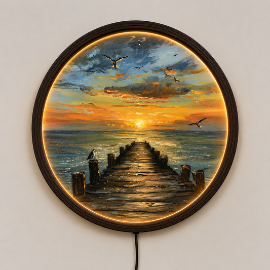 Sunset Ocean Pier LED Wall Art – Round Coastal Landscape Lighted Wall Decor with Wooden Frame for Living Room & Bedroom