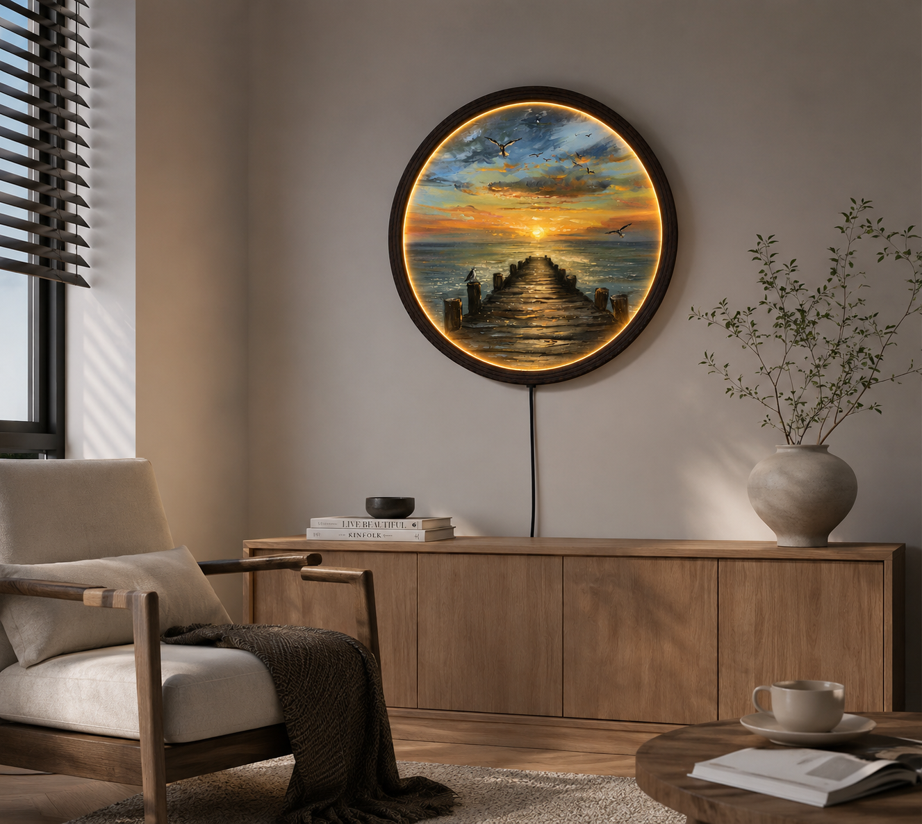Sunset Ocean Pier LED Wall Art – Round Coastal Landscape Lighted Wall Decor with Wooden Frame for Living Room & Bedroom