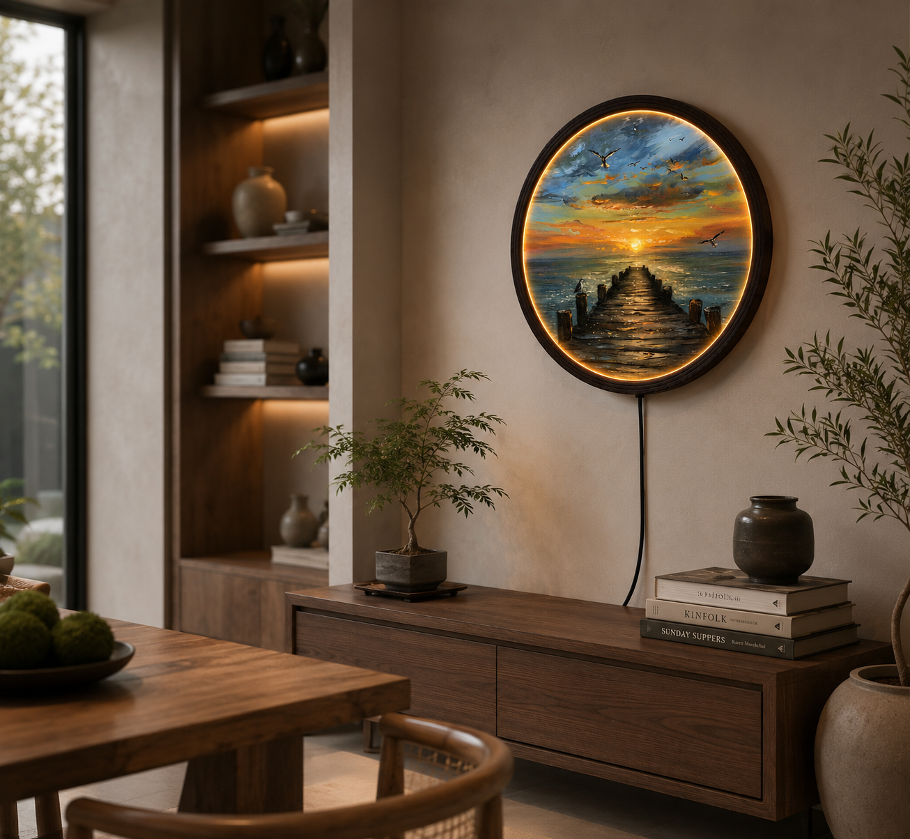 Sunset Ocean Pier LED Wall Art – Round Coastal Landscape Lighted Wall Decor with Wooden Frame for Living Room & Bedroom
