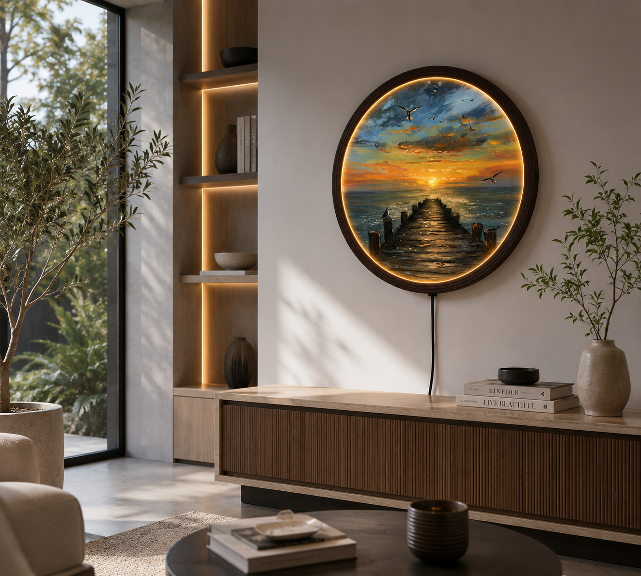 Sunset Ocean Pier LED Wall Art – Round Coastal Landscape Lighted Wall Decor with Wooden Frame for Living Room & Bedroom