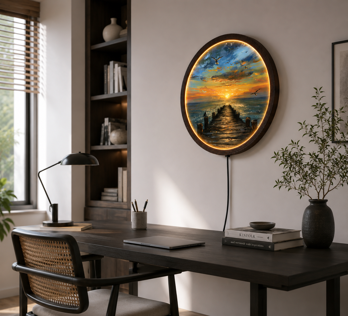 Sunset Ocean Pier LED Wall Art – Round Coastal Landscape Lighted Wall Decor with Wooden Frame for Living Room & Bedroom