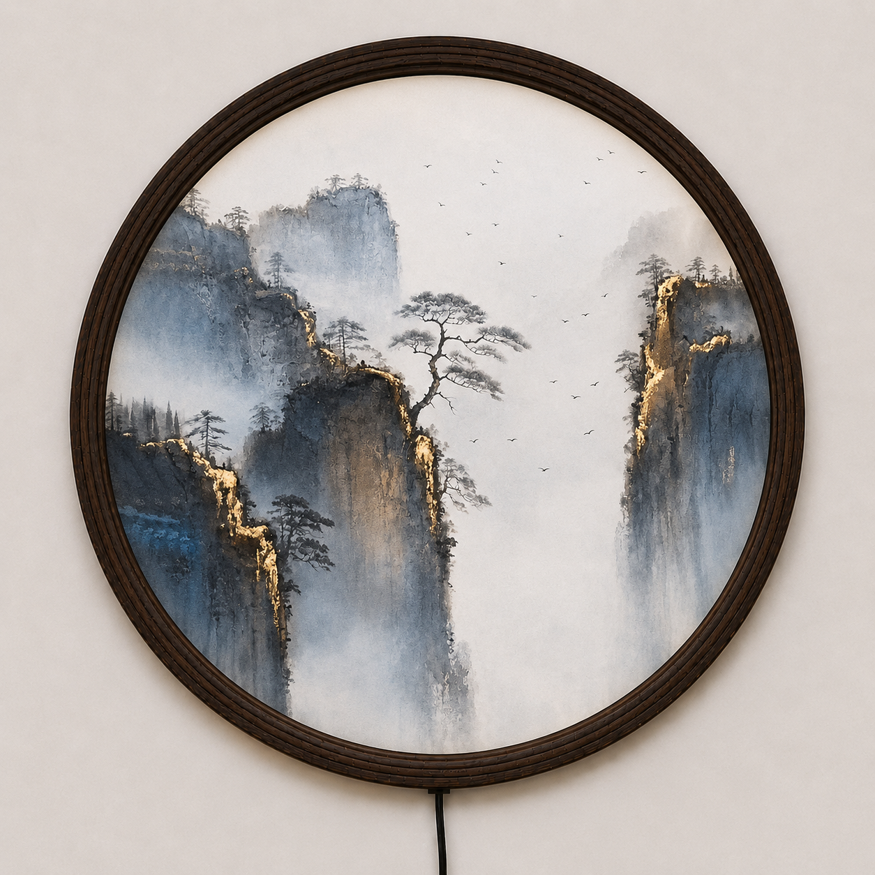 Round LED Mountain Landscape Wall Art – Chinese Ink Painting Lighted Wall Decor for Living Room