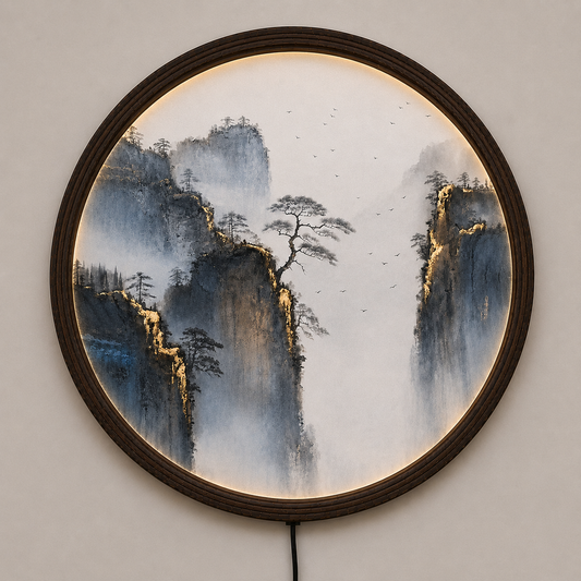 Round LED Mountain Landscape Wall Art – Chinese Ink Painting Lighted Wall Decor for Living Room