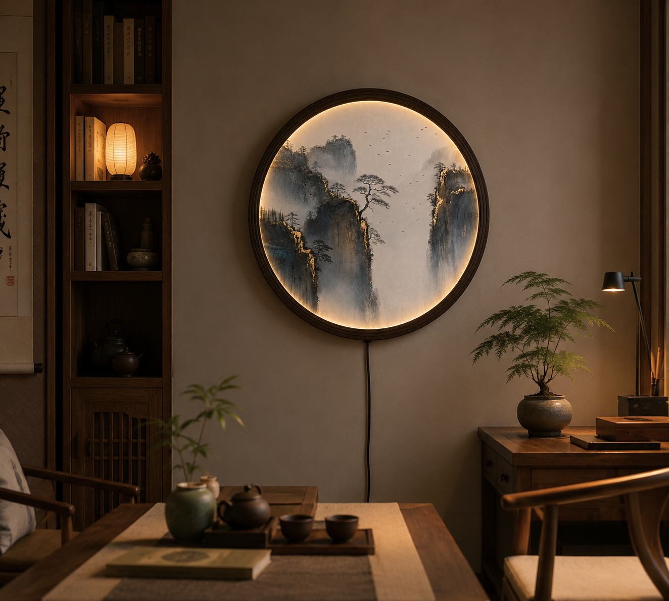 Round LED Mountain Landscape Wall Art – Chinese Ink Painting Lighted Wall Decor for Living Room
