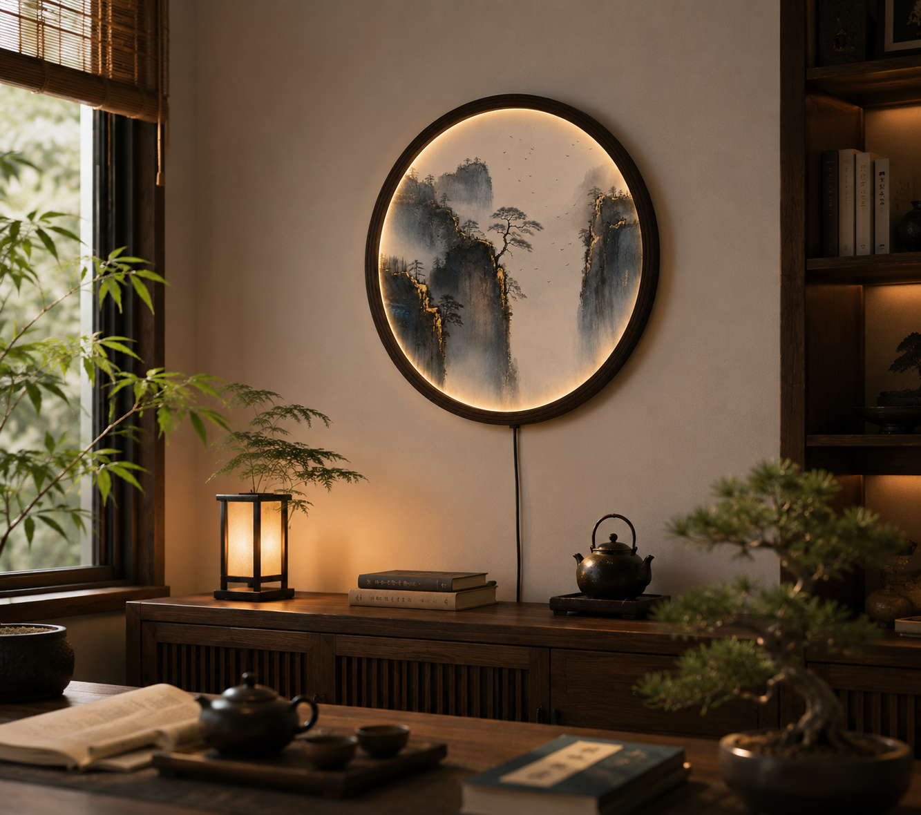 Round LED Mountain Landscape Wall Art – Chinese Ink Painting Lighted Wall Decor for Living Room