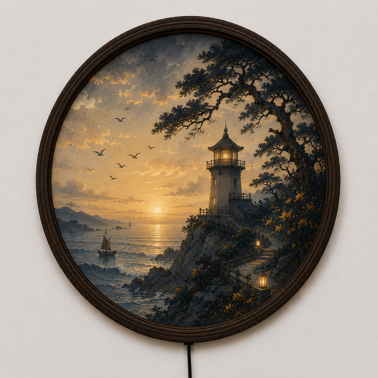Sunset Lighthouse LED Round Wall Art – Coastal Seascape Lighted Wall Decor with Wooden Frame | Modern Home Decor