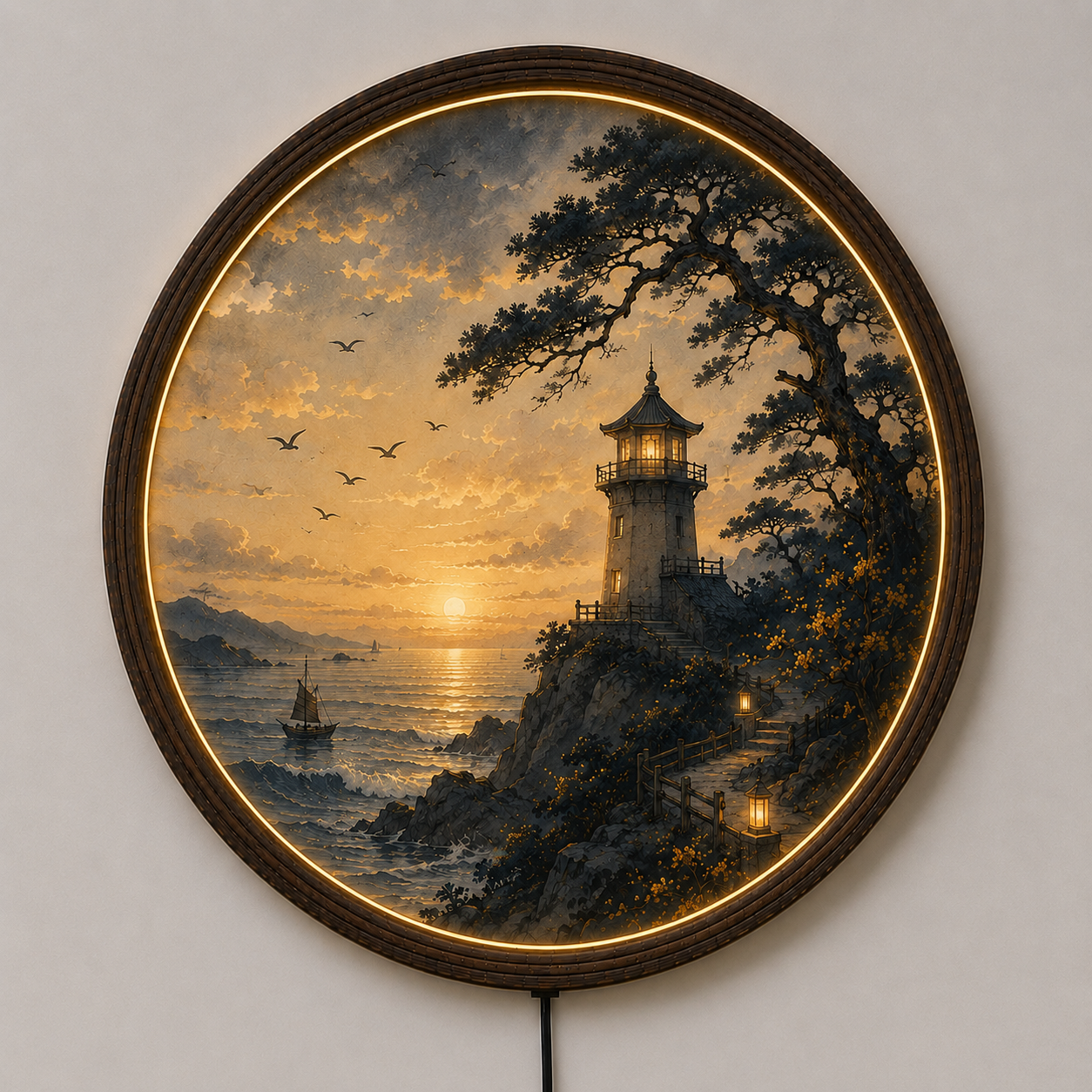 Sunset Lighthouse LED Round Wall Art – Coastal Seascape Lighted Wall Decor with Wooden Frame | Modern Home Decor