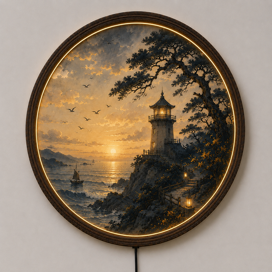 Sunset Lighthouse LED Round Wall Art – Coastal Seascape Lighted Wall Decor with Wooden Frame | Modern Home Decor