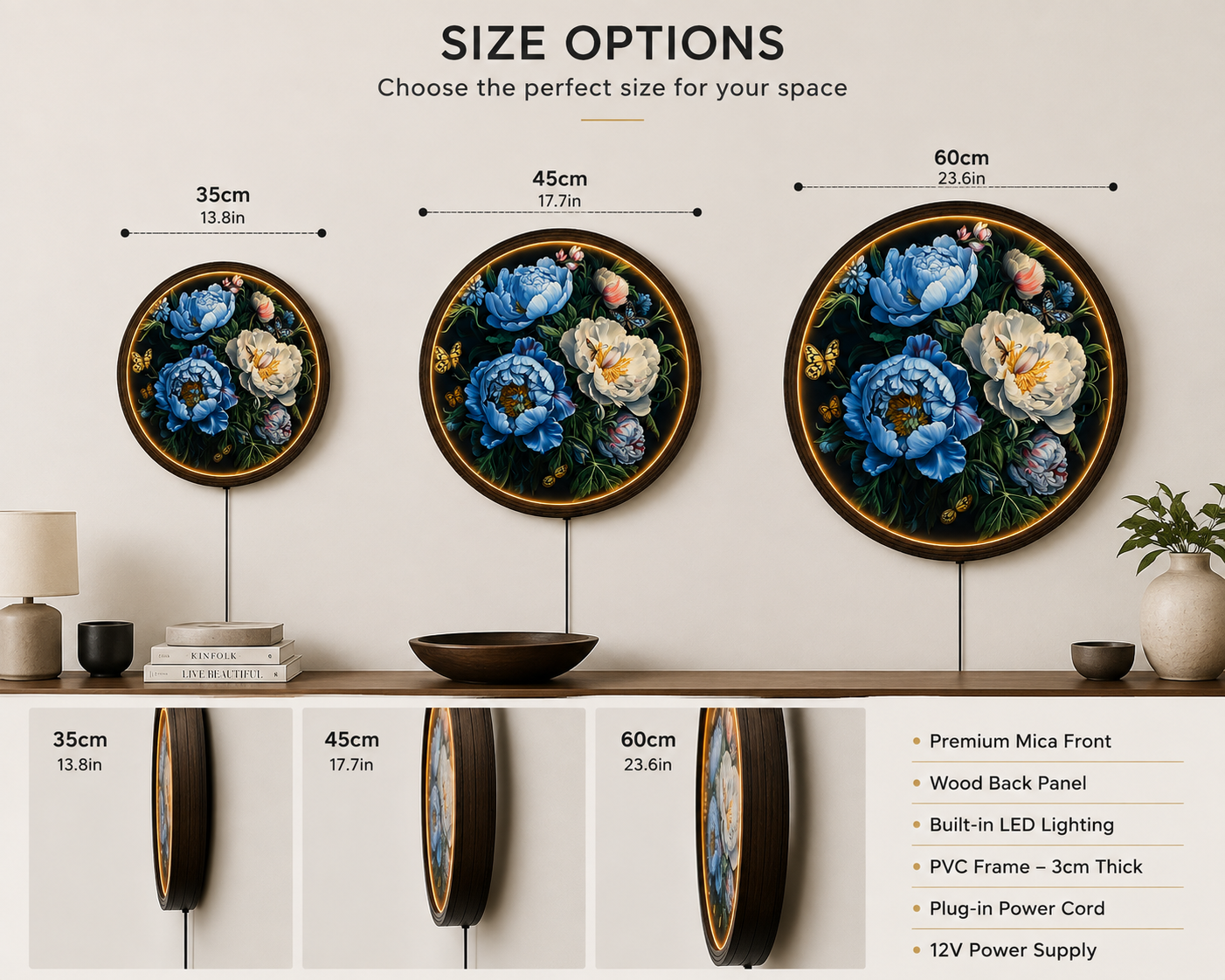 Blue & White Peony LED Wall Art – Round Floral Lighted Wall Decor with Butterflies | Modern Home Decor Gift