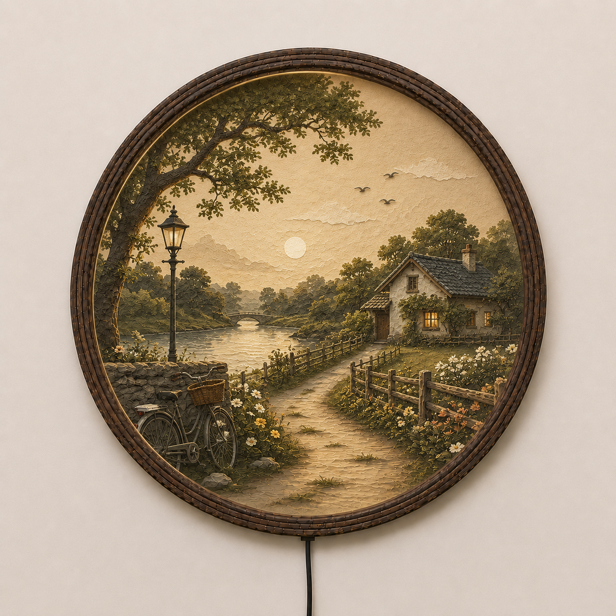 Rustic Countryside LED Round Wall Art – Vintage Cottage Landscape Lighted Wall Decor, Farmhouse Home Decor, Rustic Cabin Wall Hanging