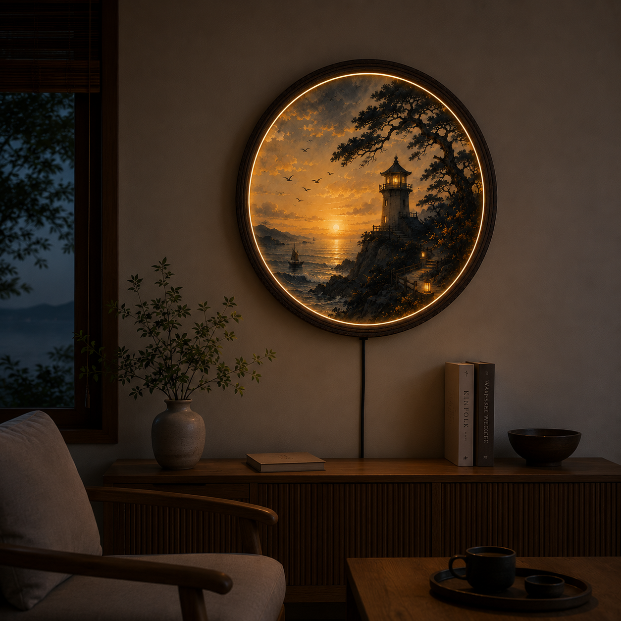 Sunset Lighthouse LED Round Wall Art – Coastal Seascape Lighted Wall Decor with Wooden Frame | Modern Home Decor