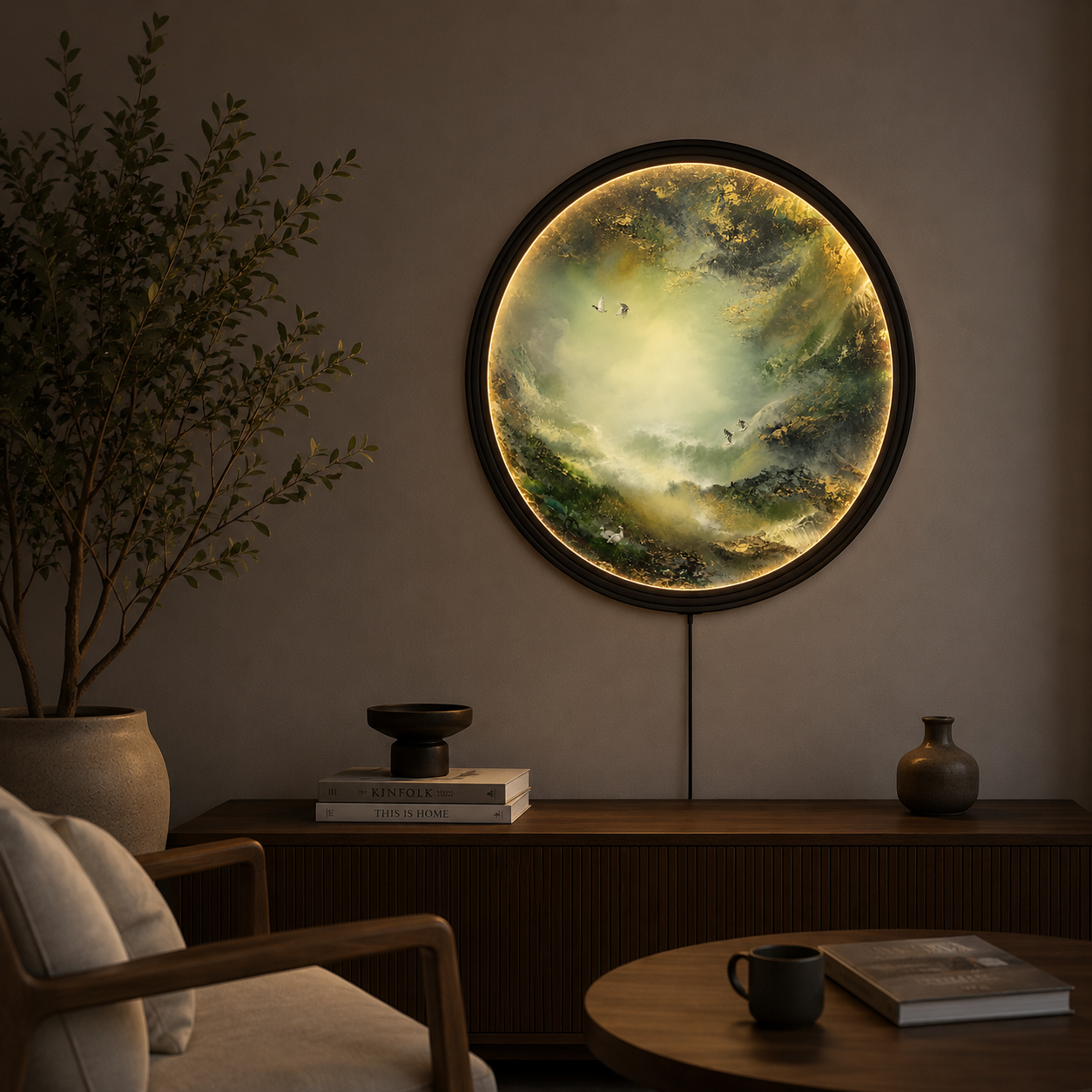 Round LED Landscape Wall Art – Japanese Nature Wall Decor with Warm Light & Wooden Frame