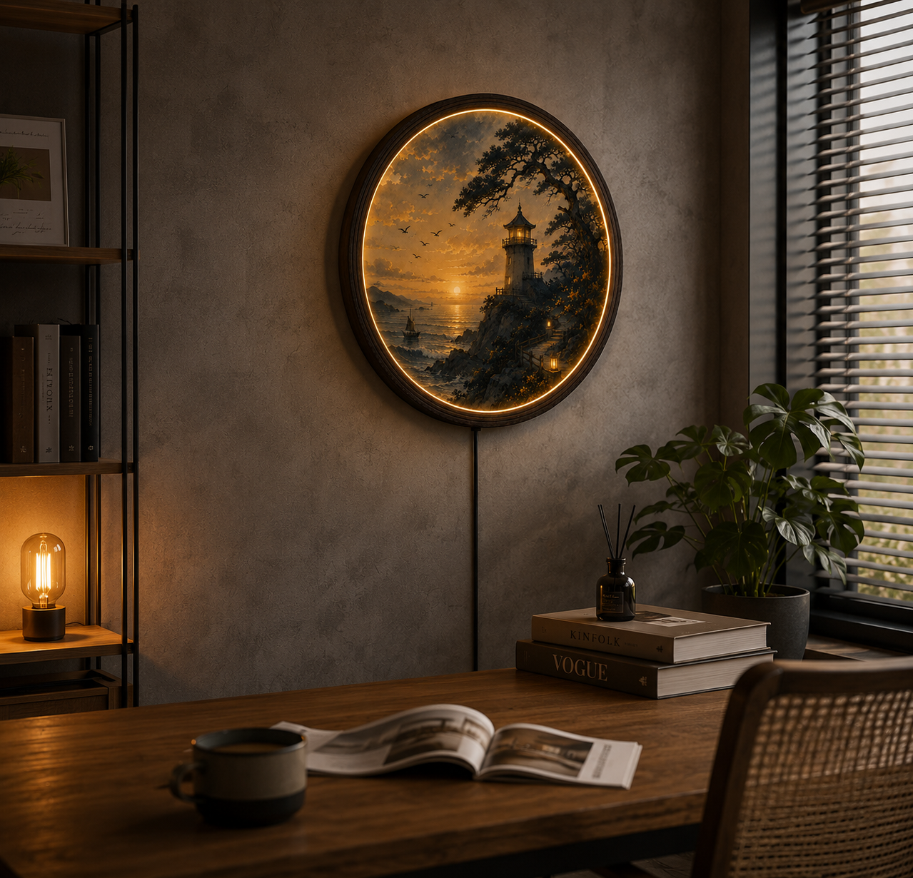 Sunset Lighthouse LED Round Wall Art – Coastal Seascape Lighted Wall Decor with Wooden Frame | Modern Home Decor