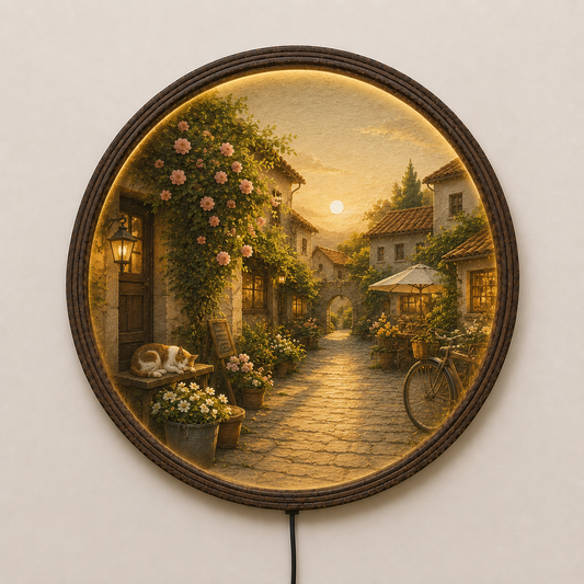 Round LED Wall Art – Cozy European Village Sunset Scene | Modern Home Decor