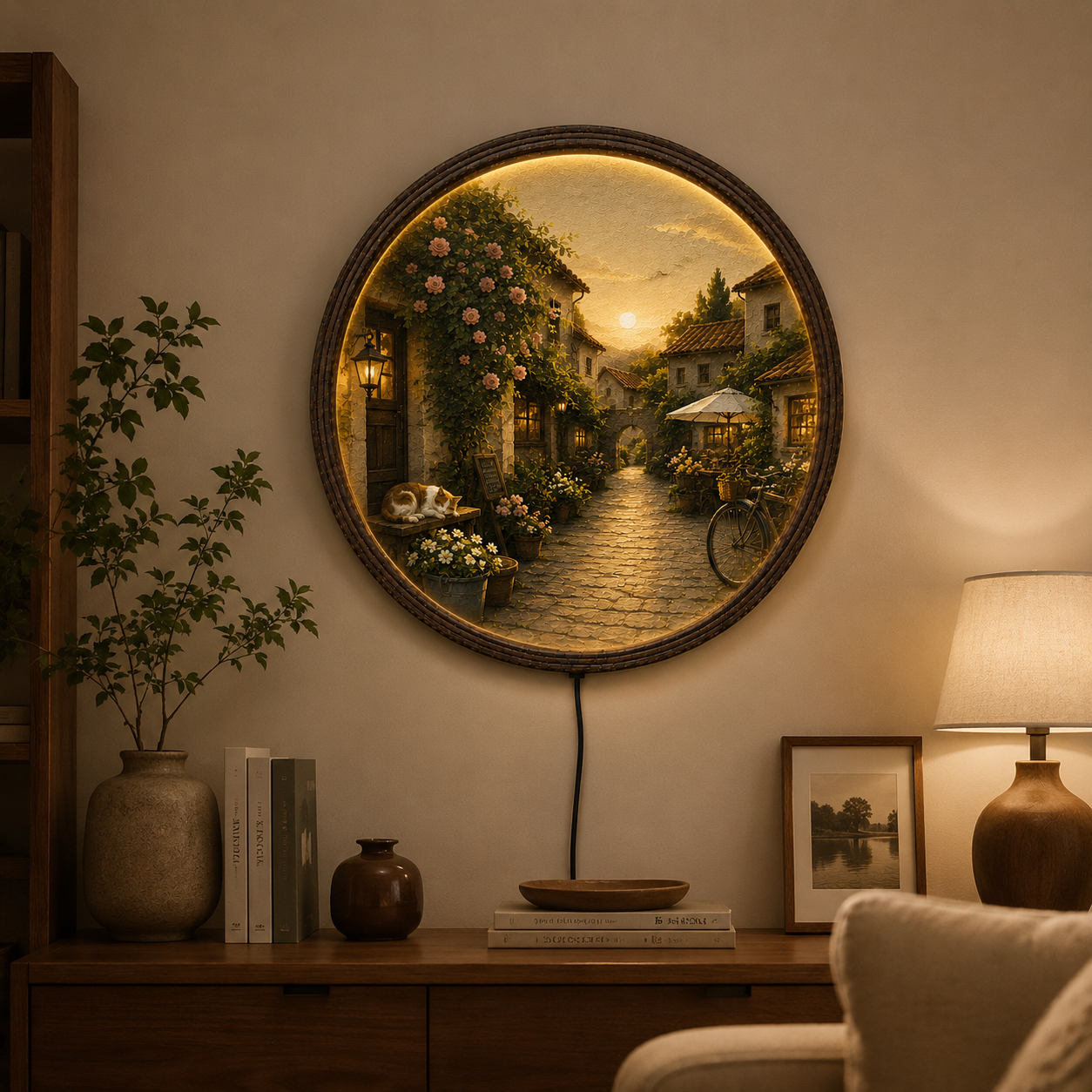 Round LED Wall Art – Cozy European Village Sunset Scene | Modern Home Decor