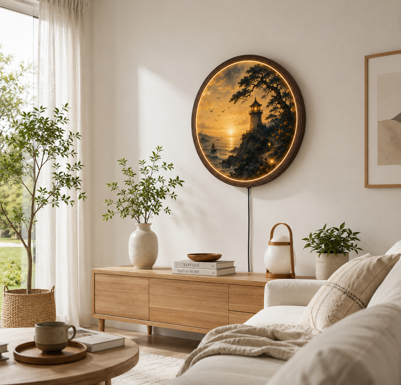 Sunset Lighthouse LED Round Wall Art – Coastal Seascape Lighted Wall Decor with Wooden Frame | Modern Home Decor